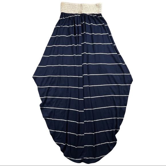 Rue 21 size small navy blue & white striped high/low skirt, elastic belted waist - Picture 4 of 8